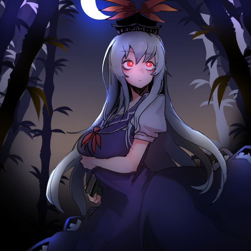 1girl :/ bamboo bamboo_forest bangs blue_dress breast_hold breasts bright_pupils closed_mouth commentary_request crescent_moon dress eyebrows_visible_through_hair forest glowing glowing_eyes hat hat_ribbon highres kamishirasawa_keine large_breasts light_blue_hair long_hair looking_to_the_side moon nature night nyong_nyong one-hour_drawing_challenge outdoors puffy_short_sleeves puffy_sleeves red_eyes red_ribbon ribbon short_sleeves sidelocks solo standing touhou white_pupils