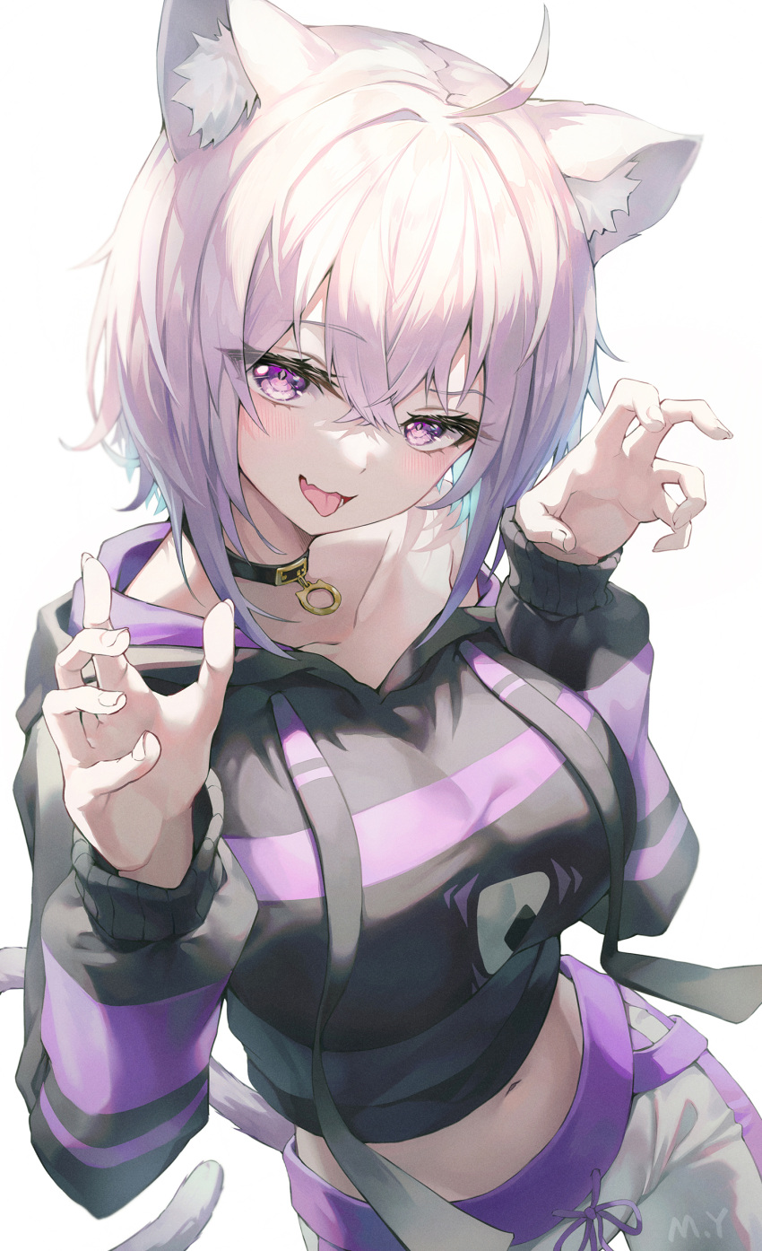 1girl absurdres animal_ear_fluff animal_ears black_choker black_jacket breasts choker collarbone eyebrows_visible_through_hair fingernails hair_between_eyes highres hololive jacket large_breasts long_sleeves looking_at_viewer midriff myung_yi navel nekomata_okayu open_mouth purple_hair short_hair simple_background smile solo tongue tongue_out violet_eyes virtual_youtuber white_background