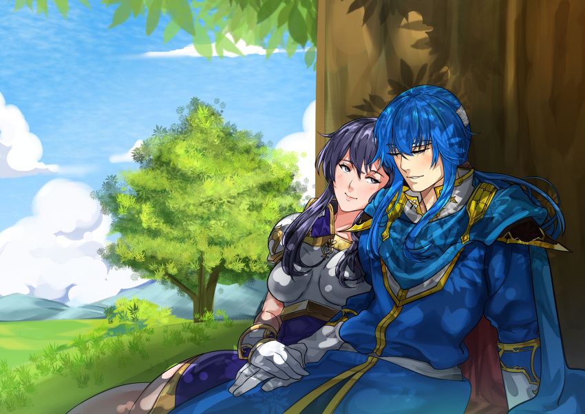 1boy 1girl absurdres armor black_hair blue_hair breastplate cape closed_eyes fire_emblem fire_emblem:_genealogy_of_the_holy_war gloves gouble3 grass head_on_another's_shoulder highres holding_hands larcei_(fire_emblem) on_ground outdoors pauldrons seliph_(fire_emblem) shoulder_armor sitting sleeping smile tree under_tree violet_eyes