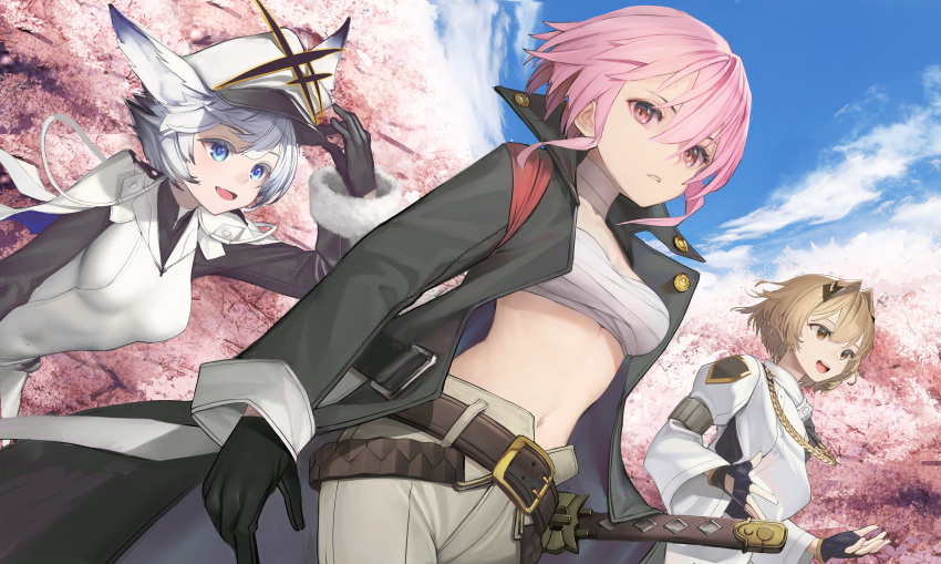 3girls :d absurdres alchemy_stars animal_ears arm_up belt black_coat black_gloves breasts brown_hair cherry_blossoms coat day fang gloves grey_pants hair_intakes hat highres katana looking_at_viewer medium_breasts midriff multiple_girls navel nyatabe official_art open_clothes open_coat outdoors pants parted_lips peaked_cap philyshy_(alchemy_stars) pink_hair red_eyes sarashi sheath sheathed short_hair smile sword vice_(alchemy_stars) weapon white_coat white_hair