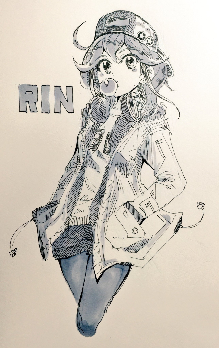 1girl alternate_costume bangs bubble_blowing character_name cropped_legs hands_in_pockets hat hat_ornament headphones headphones_around_neck highres jacket medium_hair monochrome open_clothes open_jacket rin_(yu-gi-oh!) sea_whites solo traditional_media yu-gi-oh! yu-gi-oh!_arc-v