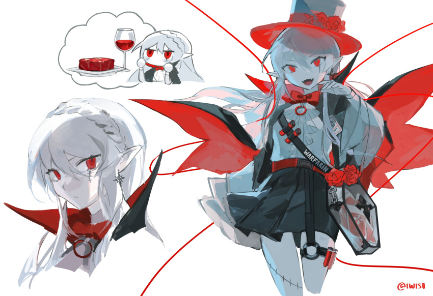 1girl :d arknights ascot bag belt black_cape black_skirt bow bowtie braid cape character_name chibi chibi_inset colored_skin cowboy_shot crown_braid cup drinking_glass fangs hand_up highres iwis looking_at_viewer multiple_views official_alternate_costume open_mouth pointy_ears raw_meat red_belt red_bow red_bowtie red_eyes red_ribbon ribbon scar scar_across_eye see-through shoulder_strap skirt smile stitches vial warfarin_(arknights) warfarin_(the_feast)_(arknights) white_ascot white_background white_skin wine_glass