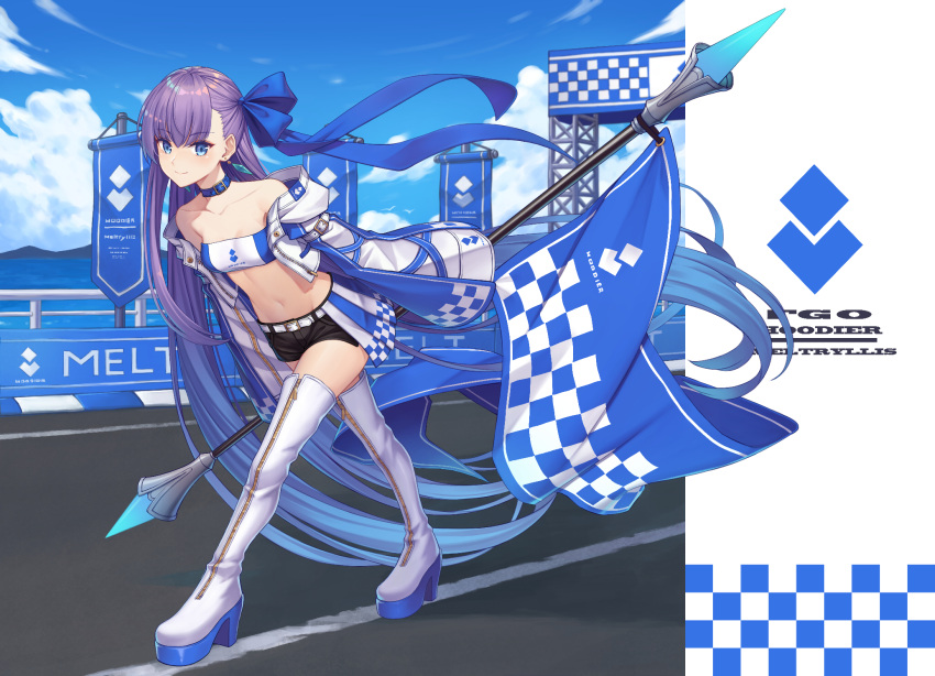 1girl absurdly_long_hair bandeau bare_shoulders belt black_shorts blue_choker blue_eyes boots bow breasts choker collarbone crop_top cropped_jacket fate/grand_order fate_(series) flag full_body gradient_hair hair_bow highres holding holding_flag hoodier jacket long_hair looking_at_viewer medium_breasts meltryllis_(fate) midriff multicolored_hair navel off-shoulder_jacket off_shoulder open_clothes open_jacket outdoors purple_hair racequeen revealing_clothes short_shorts shorts smile solo standing stomach strapless thigh-highs thigh_boots thighs tube_top very_long_hair white_footwear