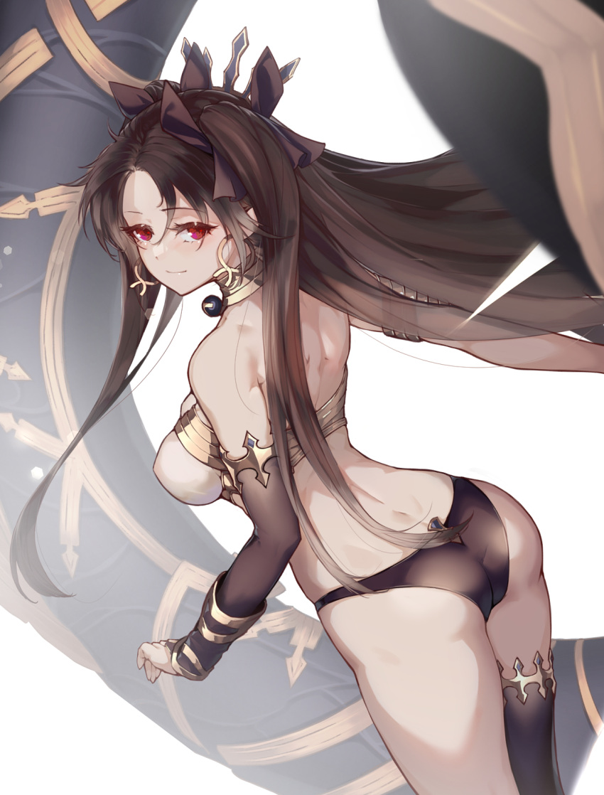 1girl armlet ass back bangs bikini black_legwear bracelet breasts brown_hair detached_sleeves earrings fate/grand_order fate_(series) gold_trim hair_ribbon heavenly_boat_maanna highres hoop_earrings ishtar_(fate) jewelry large_breasts long_hair looking_at_viewer looking_back mismatched_bikini neck_ring parted_bangs red_eyes ribbon single_detached_sleeve single_thighhigh smile solo swimsuit thigh-highs thighlet thighs tiara two_side_up ura_illust weapon