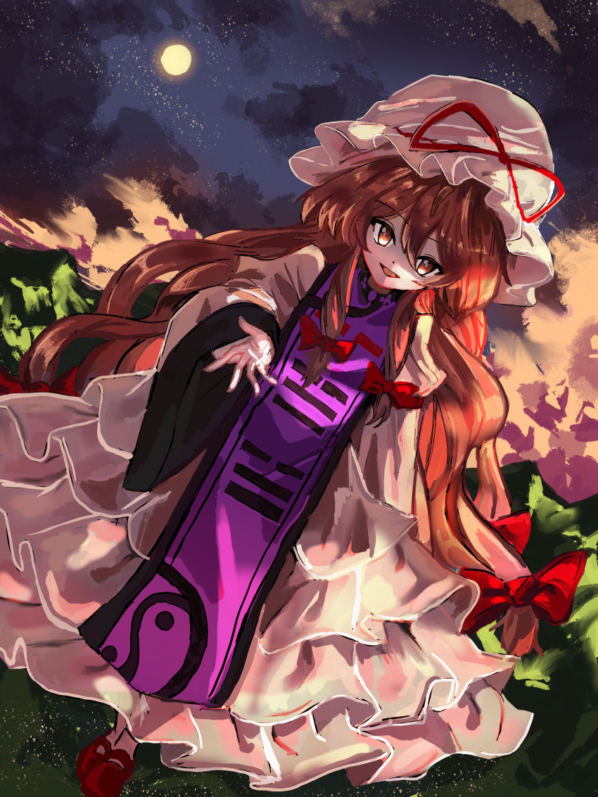 1girl bow brown_eyes brown_hair dress dutch_angle eyebrows_visible_through_hair full_body full_moon hair_between_eyes hair_bow hat hat_ribbon highres juliet_sleeves layered_dress long_hair long_sleeves looking_at_viewer mary_janes mob_cap moon mountainous_horizon night night_sky open_mouth outstretched_hand print_tabard puffy_sleeves purple_tabard red_bow red_footwear red_ribbon ribbon shoes sky solo star_(sky) starry_sky takusu_563412 touhou very_long_hair white_dress white_headwear white_legwear wide_sleeves yakumo_yukari