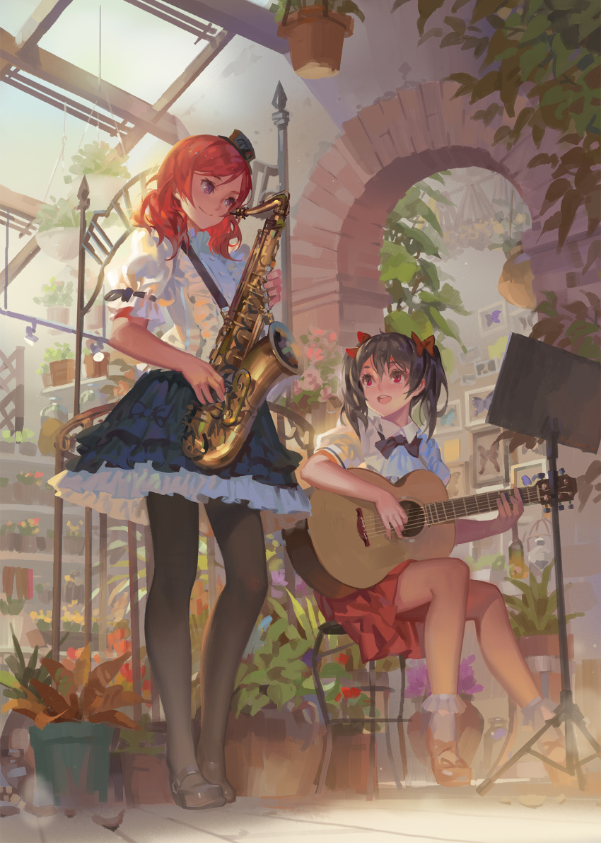 2girls absurdres acoustic_guitar aircraft airplane alphonse_(white_datura) arch black_hair black_legwear blouse bookshelf bow bowtie bug butterfly french_text frilled_skirt frills grey_eyes guitar hair_bow hat highres instrument lolita_fashion long_legs love_live! love_live!_school_idol_project lyrics mary_janes mini_hat mini_top_hat multiple_girls music_stand nishikino_maki open_mouth pantyhose photoshop_(medium) plant potted_plant puffy_short_sleeves puffy_sleeves red_eyes redhead revision saxophone shirt shoes short_sleeves sitting skirt smile socks standing stool tenor_saxophone top_hat twintails white_blouse white_legwear yazawa_nico