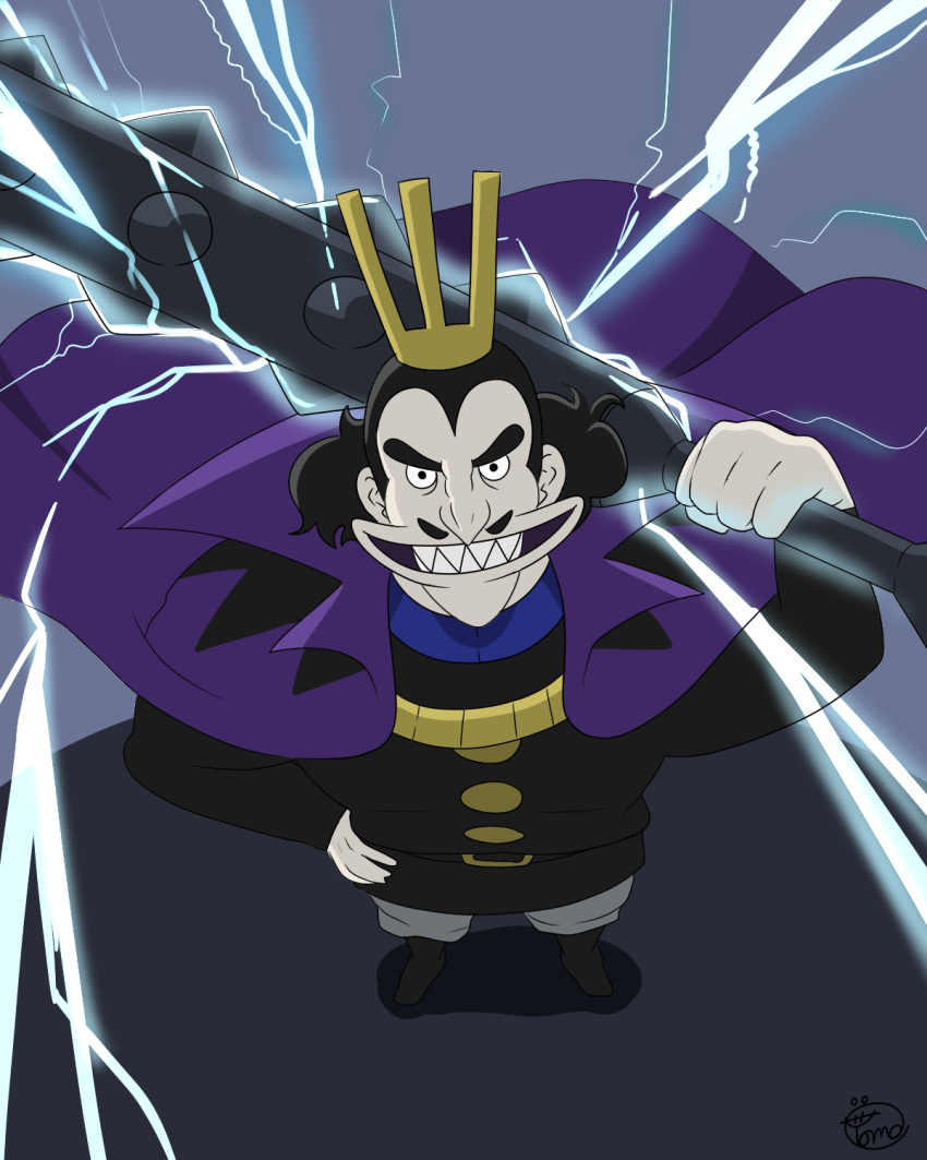 1boy black_eyes black_hair cape collared_cape desha_(ousama_ranking) electricity from_above highres looking_at_viewer male_focus medium_hair official_style ousama_ranking over_shoulder purple_cape sharp_teeth smile solo teeth thick_eyebrows weapon weapon_over_shoulder yorumo_(56922905)