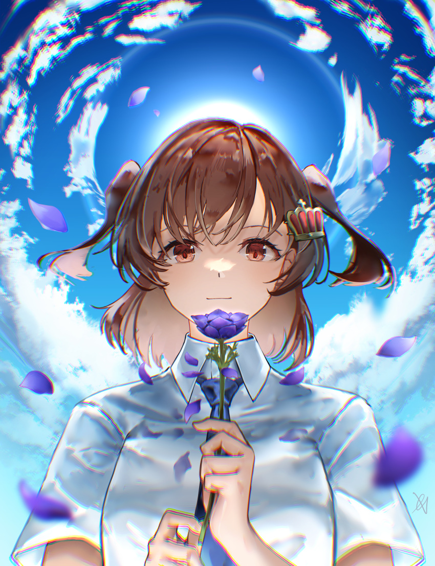 1girl absurdres aijou_karen anemone_(flower) aoi_hane artist_name bangs blue_necktie blue_sky blurry blurry_foreground brown_eyes brown_hair chromatic_aberration closed_mouth clouds collared_shirt commentary crown_hair_ornament day falling_petals flower from_below hair_ornament hairclip hands_up highres holding holding_flower light_smile looking_at_flowers looking_at_object looking_down necktie outdoors petals purple_flower shirt short_hair short_sleeves shoujo_kageki_revue_starlight signature sky solo sun swept_bangs two_side_up upper_body white_shirt