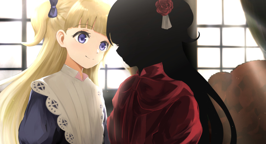 2girls apron bangs blonde_hair blue_dress blue_eyes blue_ribbon blunt_bangs closed_mouth commentary_request dress emilico_(shadows_house) eyebrows_visible_through_hair flower hair_flower hair_ornament hair_ribbon highres kate_(shadows_house) long_hair looking_at_another multiple_girls red_dress ribbon shadow_(shadows_house) shadows_house smile two_side_up upper_body wen_(nukumaruyutaka) white_apron