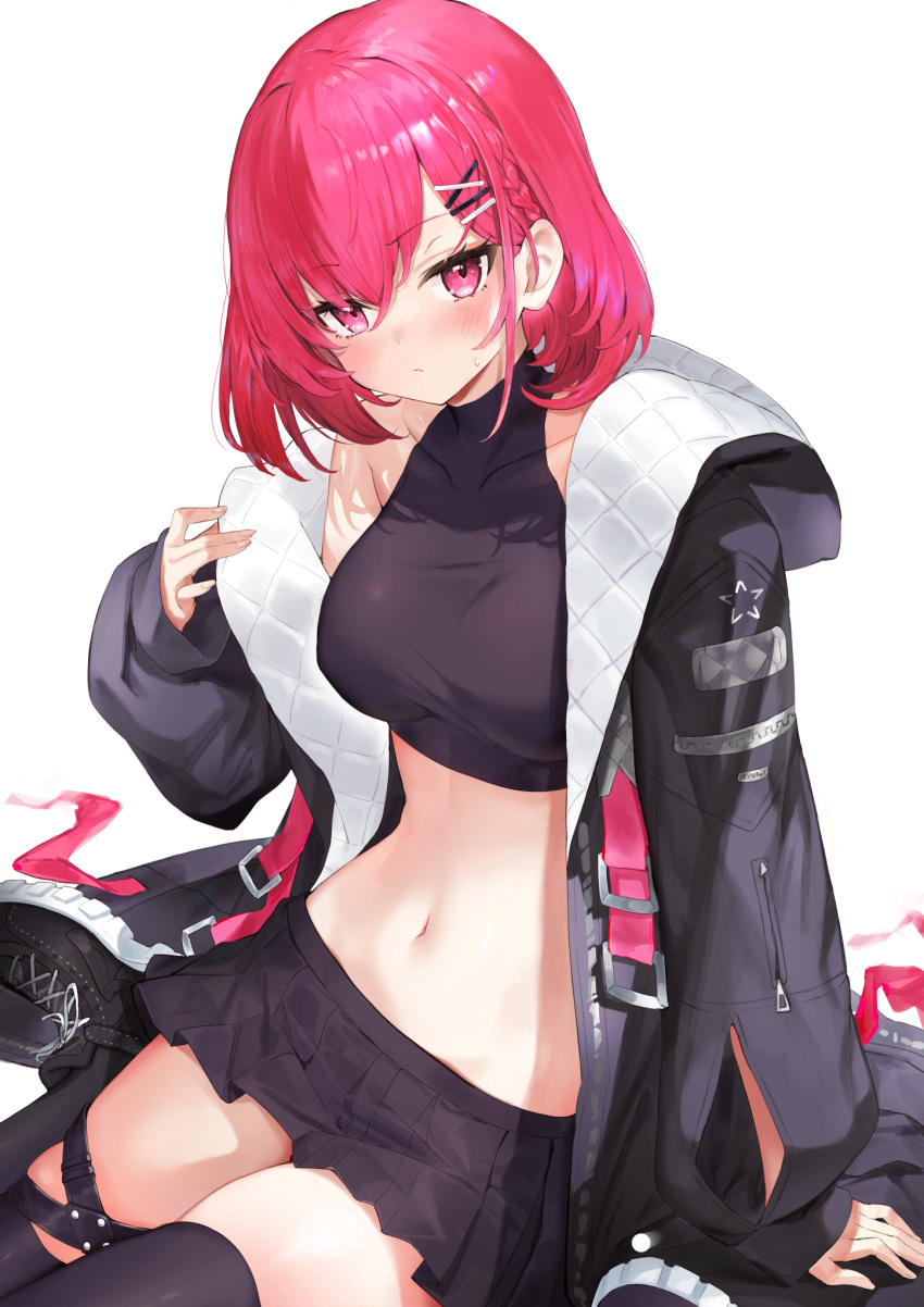 1girl ariaria_(netsuki) bare_shoulders black_jacket black_legwear black_shirt black_skirt braid breasts closed_mouth collarbone crop_top frown hair_ornament hairclip highres jacket long_sleeves looking_at_viewer medium_breasts midriff miniskirt miruto_netsuki navel off_shoulder open_clothes open_jacket original pleated_skirt puffy_sleeves red_eyes redhead revealing_clothes shirt shoes short_hair sitting skindentation skirt sleeveless sleeveless_shirt sneakers solo stomach sweatdrop thigh-highs thigh_strap thighs v-shaped_eyebrows wariza x_hair_ornament zettai_ryouiki