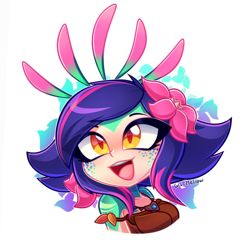 1girl :d artist_name bangs bare_shoulders breasts colored_skin commentary_request flipped_hair flower gistmellow green_skin hair_flower hair_ornament highres league_of_legends medium_breasts neeko_(league_of_legends) open_mouth orange_eyes pink_flower purple_hair smile solo teeth tongue upper_teeth white_background