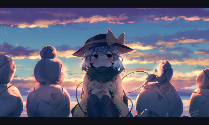 1girl artist_name black_headwear black_legwear blouse blush bow breasts buttons clouds cloudy_sky dated dawn diamond_button eyebrows_visible_through_hair feet_out_of_frame fingernails frilled_sleeves frills green_eyes green_hair green_scarf hat hat_bow heart highres interlocked_fingers knees_up komeiji_koishi letterboxed long_sleeves looking_to_the_side medium_breasts noumin_joemanyodw on_ground outdoors own_hands_together parted_lips scarf short_hair sitting sky snow snowman solo symbol-only_commentary thigh-highs third_eye touhou wide_sleeves yellow_blouse yellow_bow