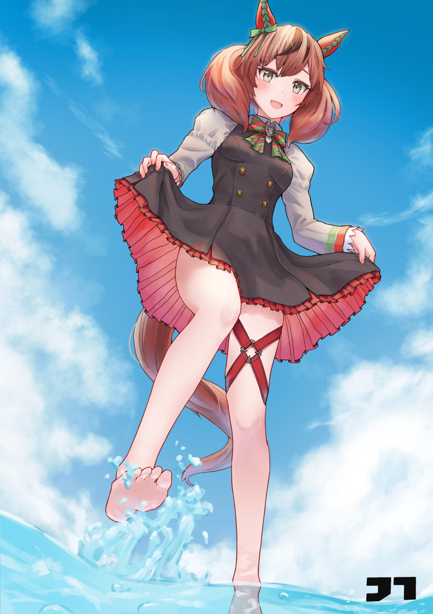 1girl :d absurdres artist_logo bangs barefoot blush bow bowtie breasts brown_dress brown_hair clouds dress ear_covers foot_out_of_frame grey_eyes highres horse_girl jtleeklm juliet_sleeves long_hair long_sleeves looking_at_viewer multicolored_hair nice_nature_(umamusume) open_mouth outdoors puffy_sleeves skirt_hold sky small_breasts smile solo splashing streaked_hair striped striped_bow striped_bowtie thigh_strap twintails umamusume