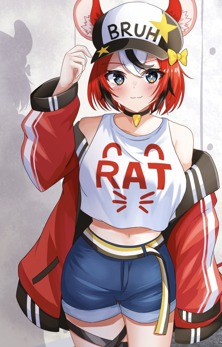 1girl absurdres animal_ears bangs baseball_cap black_hair blue_eyes hair_ornament hakos_baelz hat highres hololive hololive_english jacket midriff mouse_ears mouse_girl mouse_tail multicolored_hair onabe_no_shime redhead short_hair short_shorts shorts solo streaked_hair tail tank_top virtual_youtuber white_hair