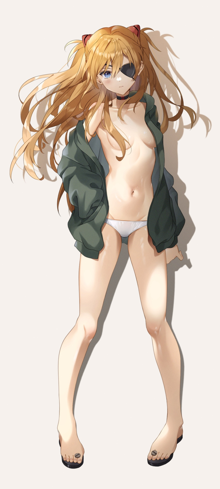 1girl @shun absurdres bangs bare_shoulders barefoot blue_eyes blush breasts choker closed_mouth collarbone commentary_request convenient_censoring evangelion:_3.0+1.0_thrice_upon_a_time eyepatch full_body hair_ornament hand_in_pocket highres interface_headset jacket long_hair looking_at_viewer medium_breasts navel neon_genesis_evangelion no_bra off_shoulder open_clothes open_jacket orange_hair panties rebuild_of_evangelion shadow shiny shiny_hair shiny_skin simple_background souryuu_asuka_langley standing stomach toes underwear white_panties