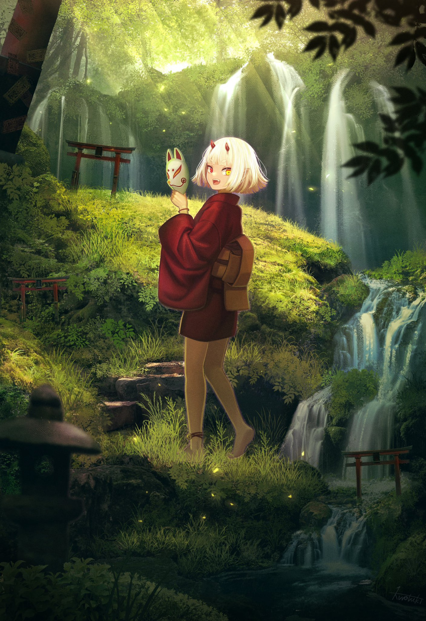 1girl bare_legs commentary_request demon_girl fantasy from_behind gate highres holding japanese_clothes kurotsuki_962 looking_at_viewer looking_back mask mask_removed original outdoors scenery sunlight tagme tree water waterfall white_hair