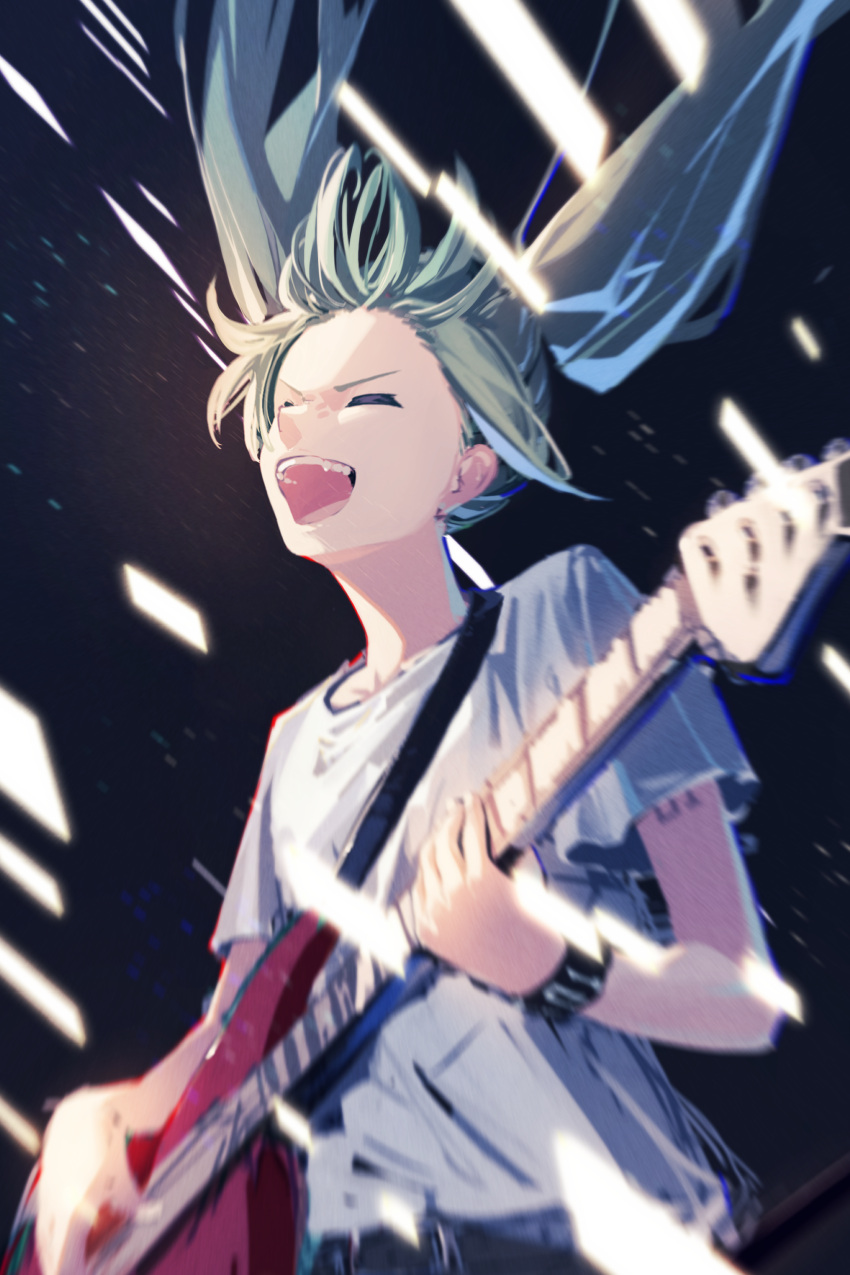 1girl :d absurdres closed_eyes commentary_request electric_guitar forehead green_hair guitar hatski.sin hatsune_miku highres holding holding_instrument instrument long_hair music playing_instrument shirt short_sleeves smile solo twintails v-shaped_eyebrows vocaloid white_shirt
