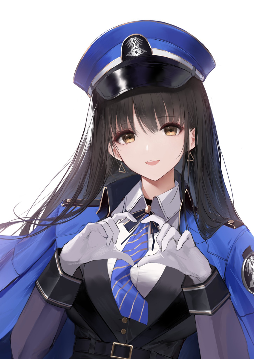 1girl an_yasuri bangs banned_artist brown_eyes brown_hair coat diesel_(goddess_of_victory:_nikke) earrings gloves goddess_of_victory:_nikke hat highres jewelry long_hair long_sleeves looking_at_viewer military military_hat military_uniform necktie open_mouth solo uniform white_background white_gloves