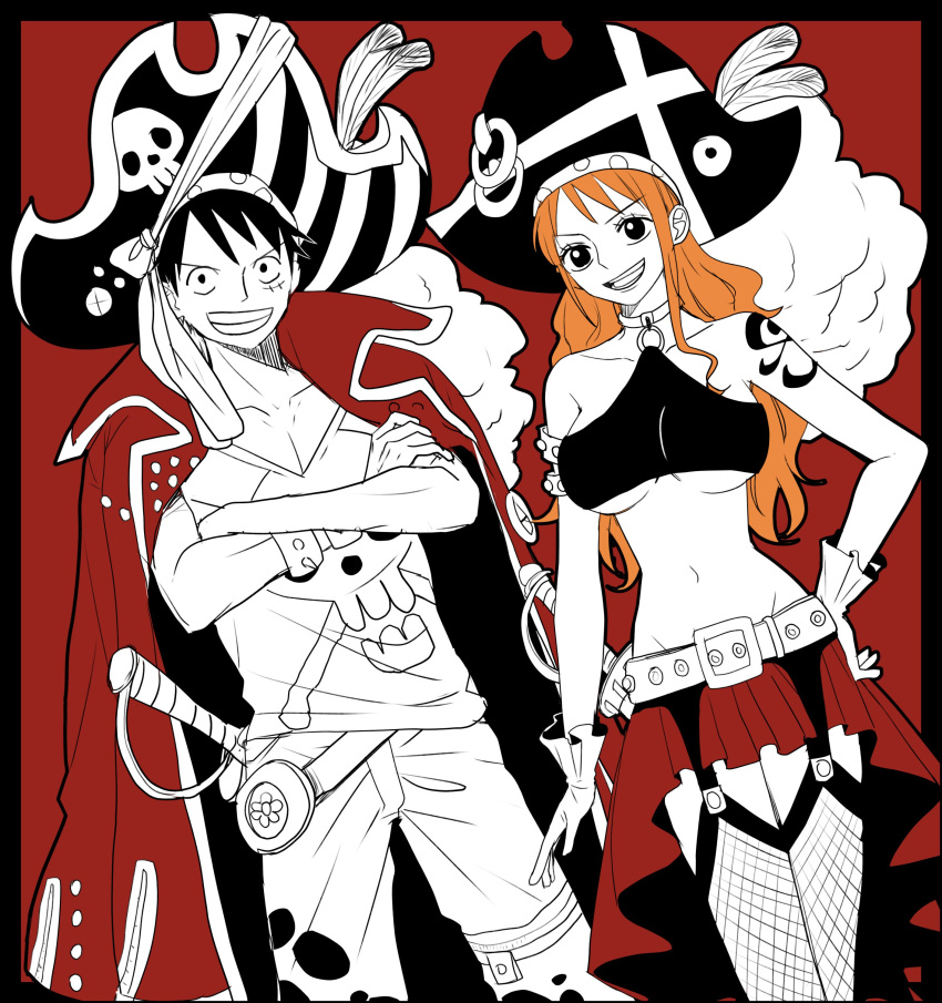 1boy 1girl absurdres belt black_hair breasts cape gloves hat highres large_breasts long_hair midriff monkey_d._luffy nami_(one_piece) one_piece one_piece:_film_red orange_hair oshicpume pirate pirate_hat skirt smile sword tattoo under_boob weapon