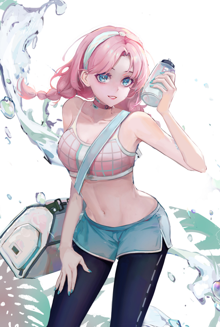 1girl aquarzaaa arknights bare_arms bare_shoulders blue_eyes blue_nails blue_pants blue_poison_(arknights) blue_poison_(shoal_beat)_(arknights) blue_shorts braid breasts choker collarbone commentary_request cowboy_shot crop_top grin hairband hand_up highres holding leggings legwear_under_shorts long_hair looking_at_viewer medium_breasts midriff nail_polish navel off_shoulder open_clothes pants pink_choker pink_hair short_shorts shorts simple_background smile solo spaghetti_strap sports_bra standing stomach thighs twin_braids water white_background