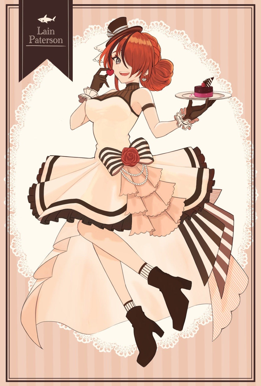 1girl bare_shoulders black_footwear black_gloves black_hair bow breasts cake character_name dress earrings flower food frilled_dress frills gloves hair_bun hair_over_one_eye haruwo hat heart heart_earrings high_heels highres holding holding_plate jewelry lace lain_paterson looking_at_viewer medium_breasts mini_hat mini_top_hat multicolored_hair nijisanji open_mouth plate platform_footwear red_flower red_rose redhead rose sleeveless sleeveless_dress solo streaked_hair top_hat turtleneck_dress virtual_youtuber white_dress