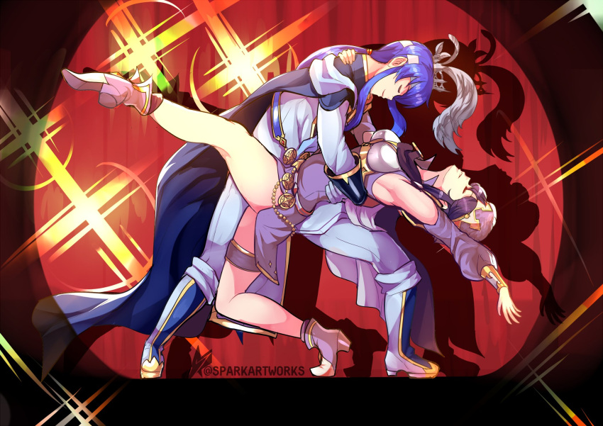 1boy 1girl black_hair blue_hair cape closed_eyes curtains dancing fire_emblem fire_emblem:_genealogy_of_the_holy_war fire_emblem_heroes hat hat_feather headband high_heels highres larcei_(fire_emblem) seliph_(fire_emblem) smile sparkartworks spotlight