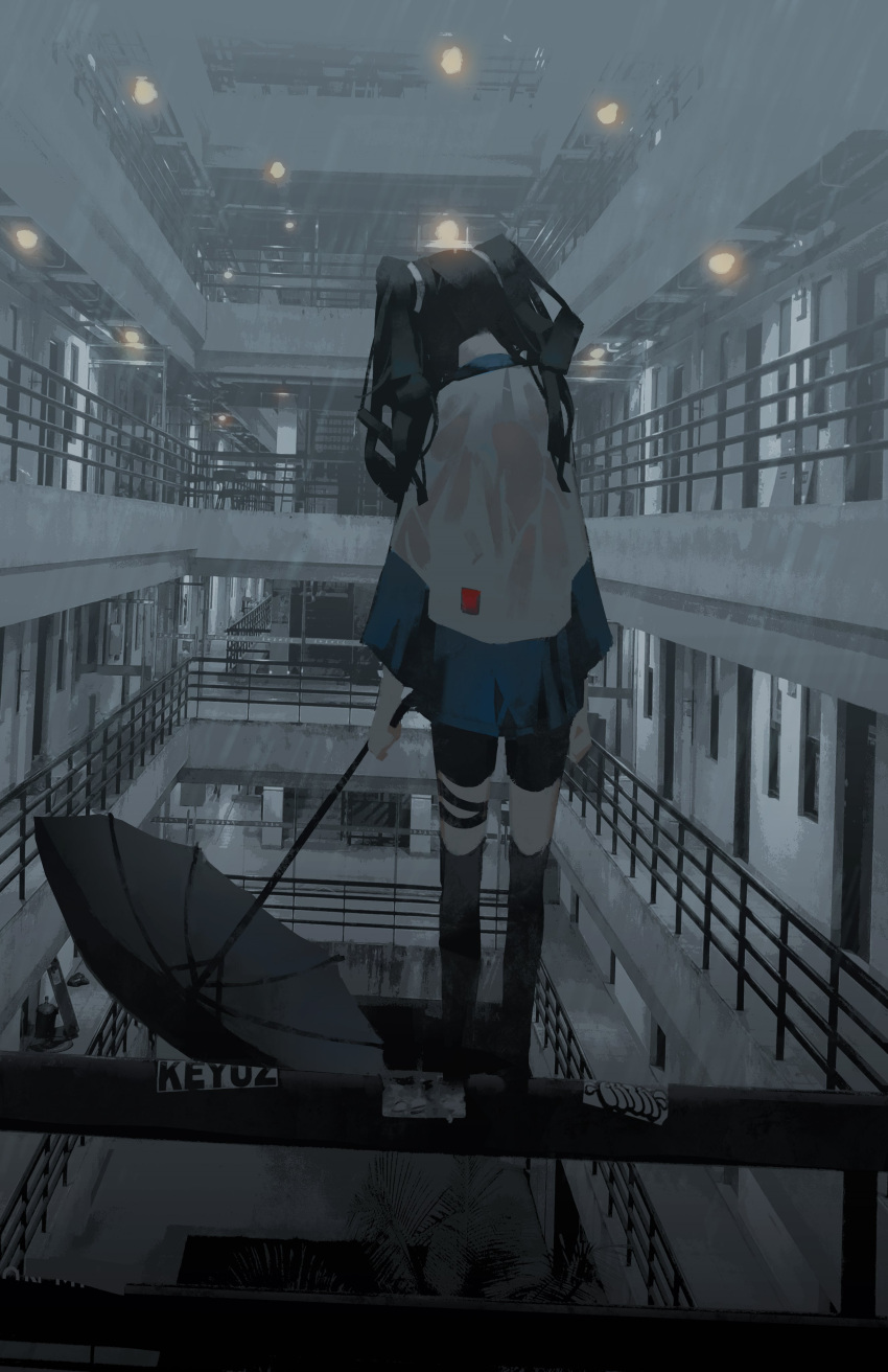 1girl absurdres bike_shorts black_hair black_legwear black_shorts blue_shirt commentary_request full_body highres holding holding_umbrella imminent_suicide indoors long_hair long_sleeves on_railing original prison shirt shorts solo standing thigh-highs thigh_strap tuoer twintails two-tone_shirt umbrella white_shirt