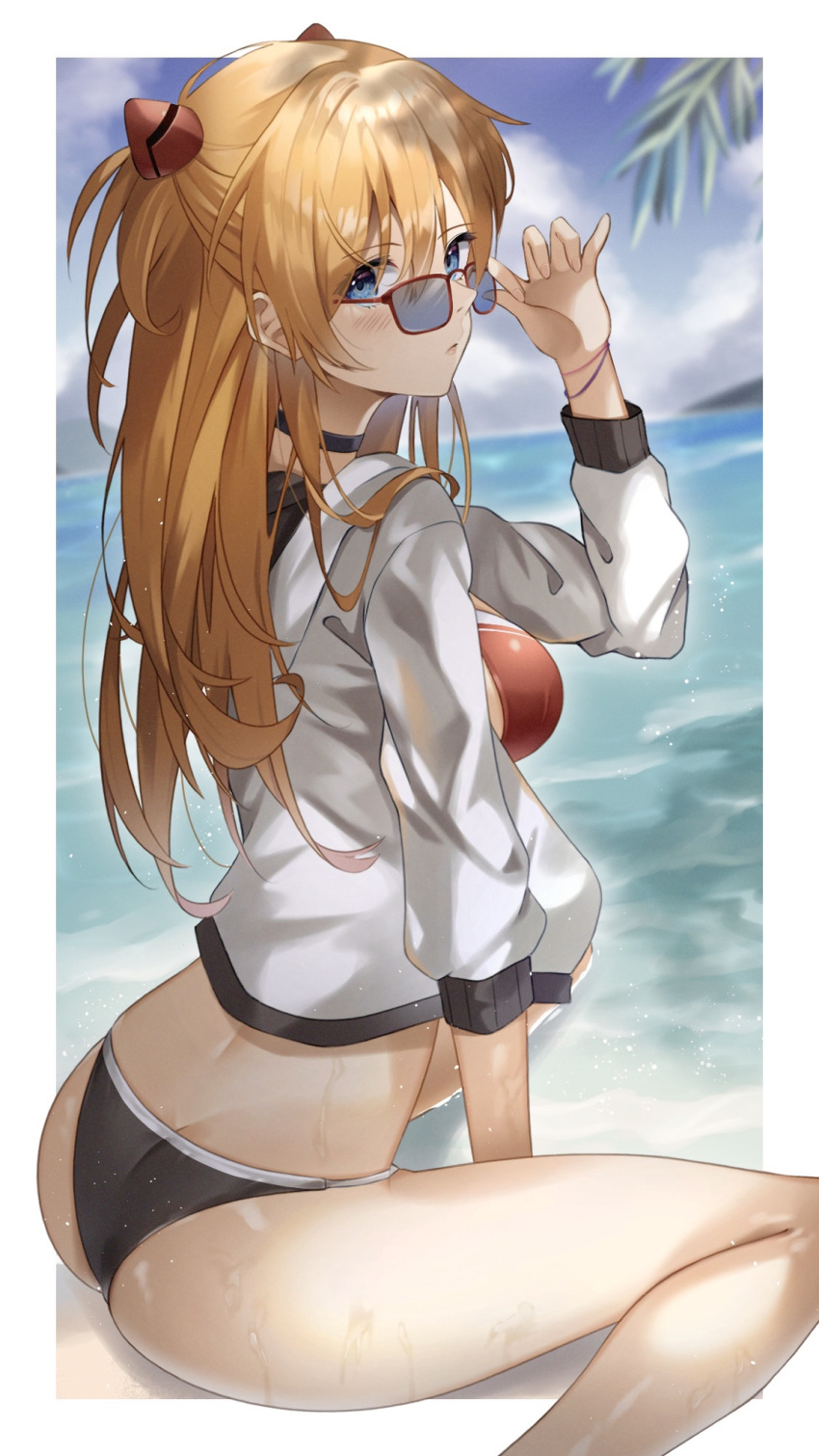 1girl @shun bangs bikini blue_eyes blue_sky blush breasts butt_crack choker clouds cloudy_sky commentary_request day eyebrows_visible_through_hair hair_ornament highres interface_headset jacket long_hair long_sleeves looking_at_viewer looking_back medium_breasts neon_genesis_evangelion ocean orange_hair outdoors shiny shiny_hair shiny_skin simple_background sitting sky souryuu_asuka_langley sunglasses swimsuit thighs tied_hair wariza water
