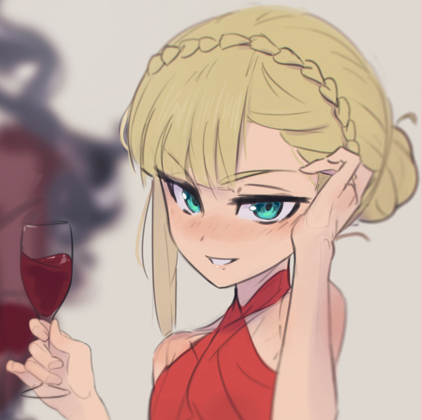 2girls absurdres adjusting_hair alcohol aqua_eyes asymmetrical_bangs bangs blonde_hair blurry blurry_background blush braid breasts crown_braid cup daniel_deves dress drinking_glass fate_(series) hair_bun highres holding long_hair looking_at_viewer lord_el-melloi_ii_case_files multiple_girls parted_lips red_dress reines_el-melloi_archisorte single_sidelock small_breasts smile trimmau_(fate) upper_body wine wine_glass