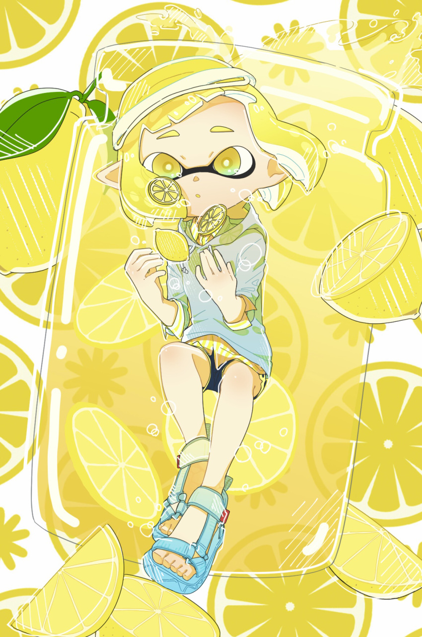 1girl bangs black_shorts blonde_hair blue_footwear blunt_bangs commentary dolphin_shorts floating food fruit full_body grey_hoodie highres holding holding_food holding_fruit hood hood_down hoodie inkling jar juice lemon lemon_juice lemon_slice long_sleeves looking_at_viewer minato_yodaka oversized_food parted_lips pointy_ears sandals short_hair short_shorts shorts solo splatoon_(series) tentacle_hair yellow_eyes yellow_theme