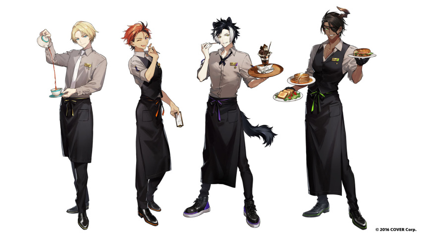 4boys alternate_hairstyle animal_ears apron aqua_eyes aragami_oga arched_back bag bangs bill_(object) black_apron black_footwear black_gloves black_hair black_pants black_vest blonde_hair blue_eyes collarbone collared_shirt commentary_request copyright cross_tie cup dark-skinned_male dark_skin earrings eyepatch food forehead gloves green_eyes grey_shirt grin hair_slicked_back hand_up holding holding_pen holding_plate holding_teapot holding_tray holostars horns itefu jackal_boy jackal_ears jackal_tail jewelry kageyama_shien kishido_temma legs_apart long_sleeves looking_at_viewer multicolored_hair multiple_boys name_tag napkin necktie official_art one_eye_closed open_mouth orange_hair oxfords pale_skin pancake pants parfait parted_bangs parted_lips pectoral_cleavage pectorals pen plate pocky pouring sandwich shirt shoes short_sleeves simple_background single_earring single_horn sleeves_rolled_up smile sneakers standing streaked_hair teacup teapot toast tray two-tone_hair v-shaped_eyebrows vest violet_eyes virtual_youtuber waist_apron waiter white_necktie wooden_tray yellow_eyes yukoku_roberu