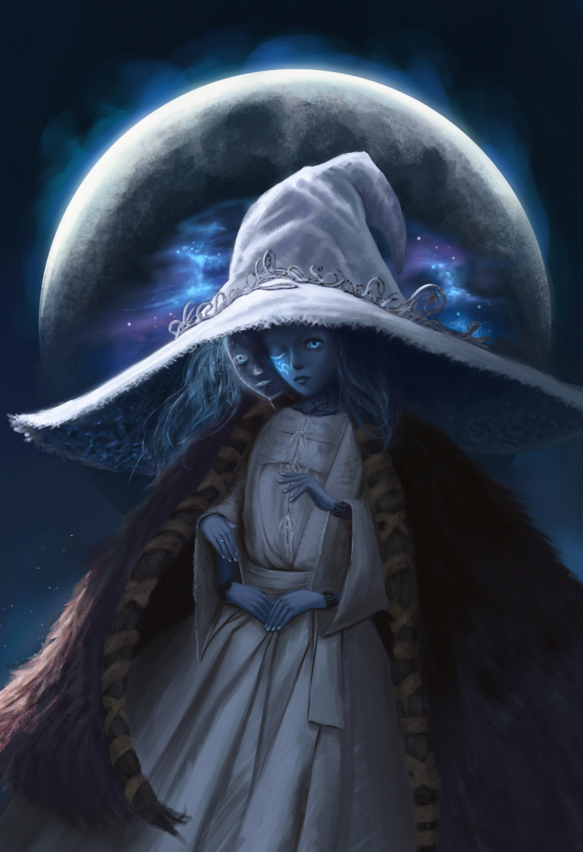 1girl blue_eyes blue_hair blue_skin cloak closed_mouth colored_skin dress elden_ring extra_arms fingernails full_moon fur_cloak hat highres jewelry large_hat lips looking_at_viewer moon raedrobart ranni_the_witch ring short_hair solo white_dress white_headwear witch_hat