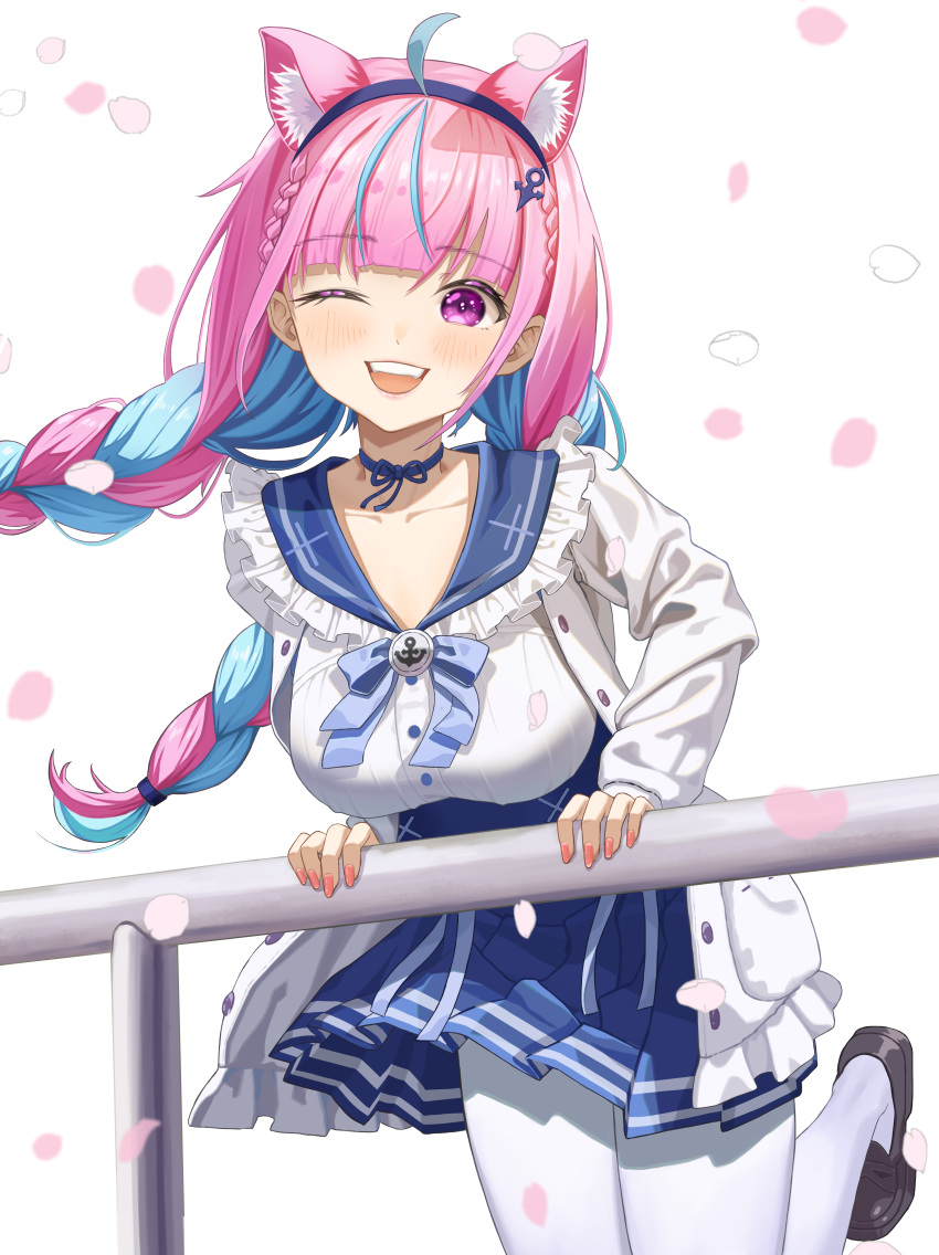 1girl ;d absurdres animal_ear_fluff animal_ears bangom_r bangs blue_bow blue_bowtie blue_hair blue_hairband blue_sailor_collar blue_skirt blunt_bangs blush bow bowtie braid breasts cat_ears extra_ears frilled_sailor_collar frills hair_ornament hairband high-waist_skirt highres hololive jacket large_breasts long_sleeves minato_aqua multicolored_hair nail_polish one_eye_closed open_clothes open_jacket orange_nails pantyhose petals pink_hair pleated_skirt sailor_collar shirt shoes simple_background skirt smile solo teeth twin_braids twintails two-tone_hair upper_teeth violet_eyes virtual_youtuber white_background white_jacket white_legwear white_shirt
