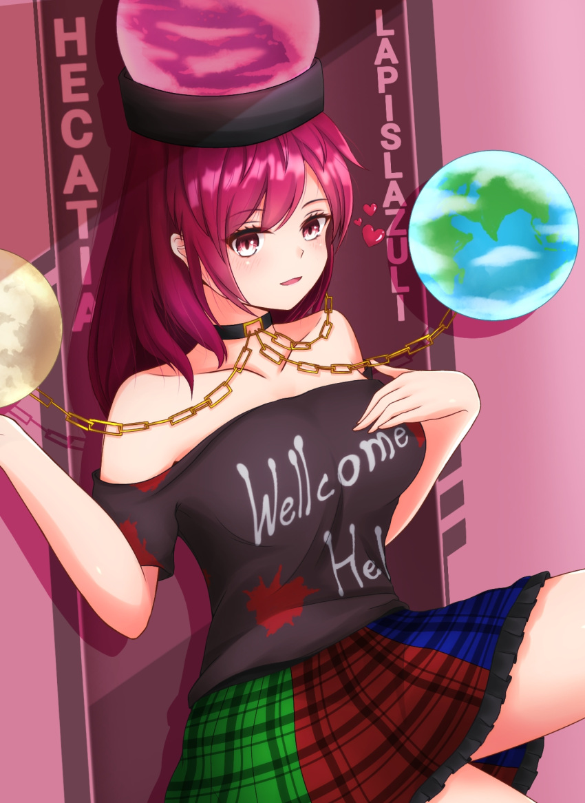 1girl bangs bare_shoulders black_choker breasts chain choker clothes_writing earth_(ornament) english_text hand_on_own_chest hatoman_(ytef4434) heart hecatia_lapislazuli highres legacy_of_lunatic_kingdom long_hair moon_(ornament) multicolored_clothes off-shoulder_shirt off_shoulder open_mouth plaid plaid_skirt polos_crown red_eyes redhead shirt short_sleeves skirt smile solo t-shirt touhou underworld_(ornament)