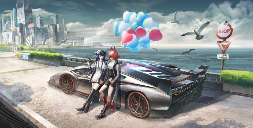 2girls animal_ears arknights balloon bird bird_ears bird_girl bird_tail black_footwear black_jacket black_skirt black_wings blue_eyes blue_hair boots bridge car city coat collared_shirt dark_halo demon_girl demon_horns demon_tail detached_wings energy_wings eyewear_on_head fiammetta_(arknights) full_body grate grey_coat ground_vehicle hedge highres holding_hands horns jacket jewelry long_hair long_sleeves looking_at_another luren_max mostima_(arknights) motor_vehicle multiple_girls necklace open_clothes open_coat open_jacket outdoors railing red_legwear redhead ribbed_shirt road_sign shirt short_hair sign skirt socks stop_sign sunglasses tail tail_raised thigh-highs water white_shirt wings yuri