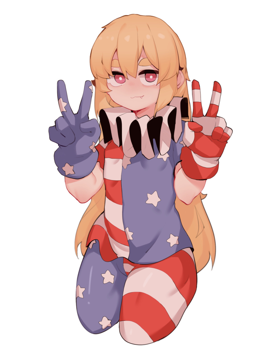 1girl :3 american_flag american_flag_legwear american_flag_print blonde_hair bright_pupils closed_mouth clownpiece doro_au double_v eyebrows fang fang_out flag_print gloves highres looking_at_viewer red_eyes smile solo thick_eyebrows touhou v white_pupils