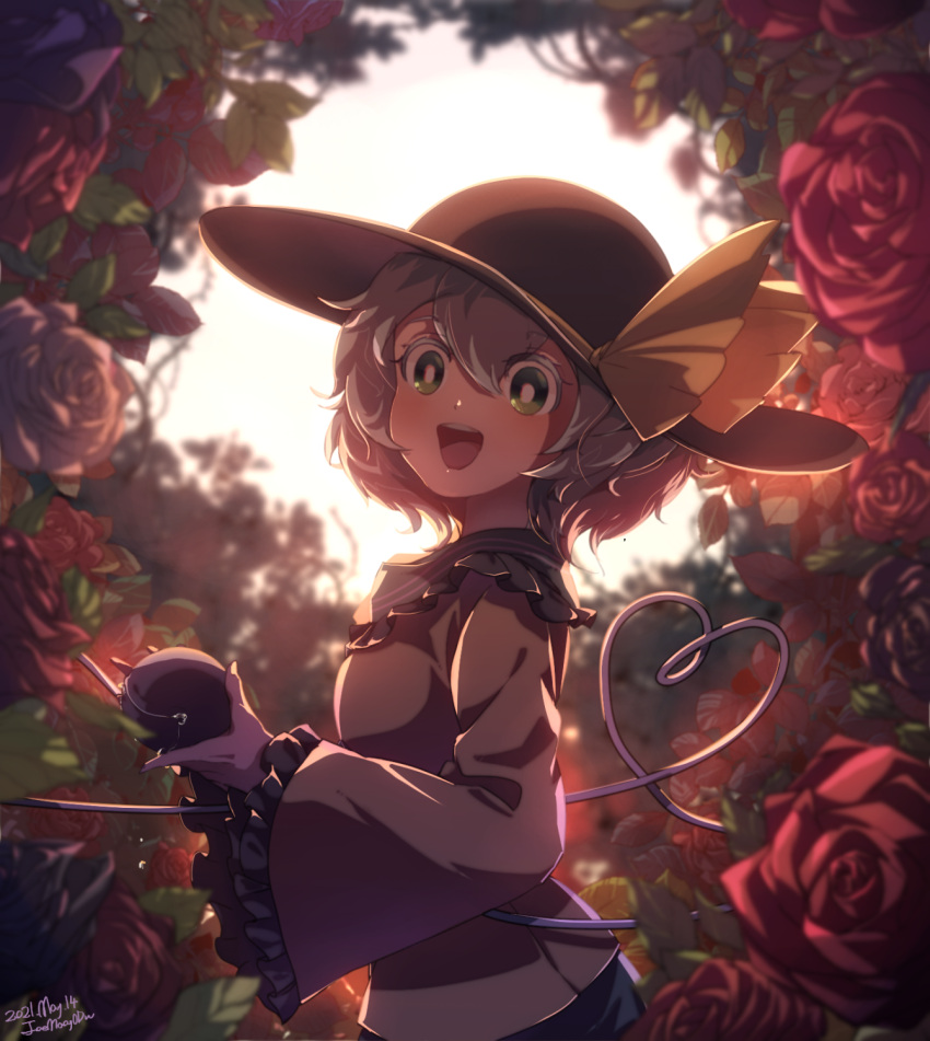 1girl backlighting black_flower black_headwear black_rose blouse blurry blurry_background breasts commentary_request crying depth_of_field floral_background flower frilled_shirt_collar frilled_sleeves frills from_side green_eyes hair_between_eyes hat hat_ribbon heart heart_of_string highres holding koishi_day komeiji_koishi leaf long_sleeves looking_at_viewer looking_to_the_side noumin_joemanyodw open_mouth red_flower red_rose ribbon rose rose_background short_hair silver_hair small_breasts solo teeth third_eye touhou upper_body upper_teeth wide_sleeves yellow_blouse yellow_ribbon