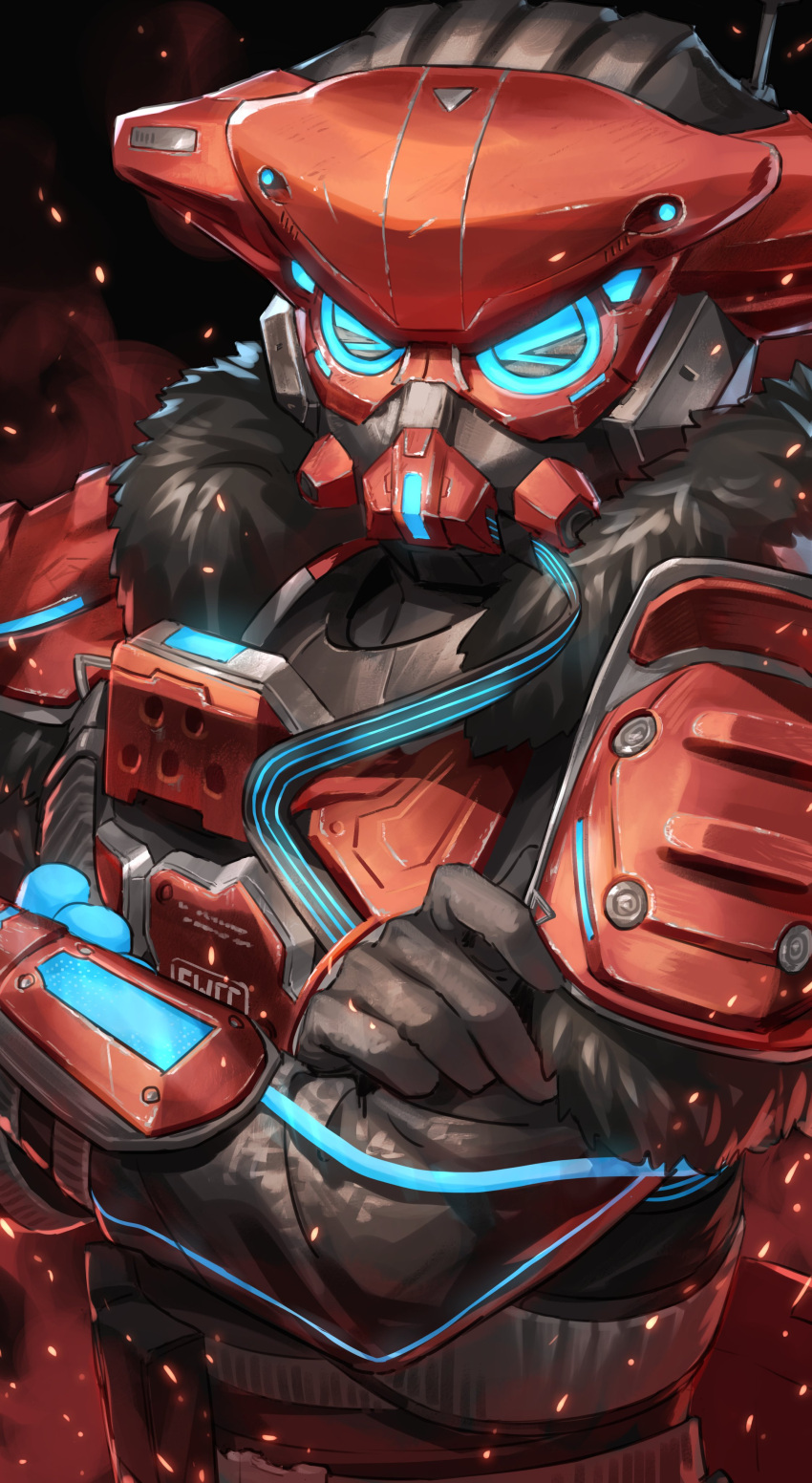 &gt;_&lt; 1non-binary absurdres apex_hunter_bloodhound apex_legends black_background black_gloves bloodhound_(apex_legends) cable crossed_arms embers gloves glowing glowing_eyes goggles helmet highres looking_at_viewer nemoto_yuuma official_alternate_costume queer solo trans upper_body
