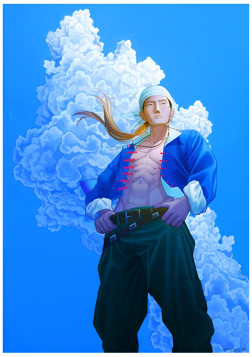 1boy absurdres artist_name bad_anatomy belt blue_sky border brown_eyes clouds dated day earrings green_pants highres jewelry male_focus navel open_clothes open_shirt outdoors pants ren_wu_ying shenmue sky solo standing toned toned_male yummy_lammy