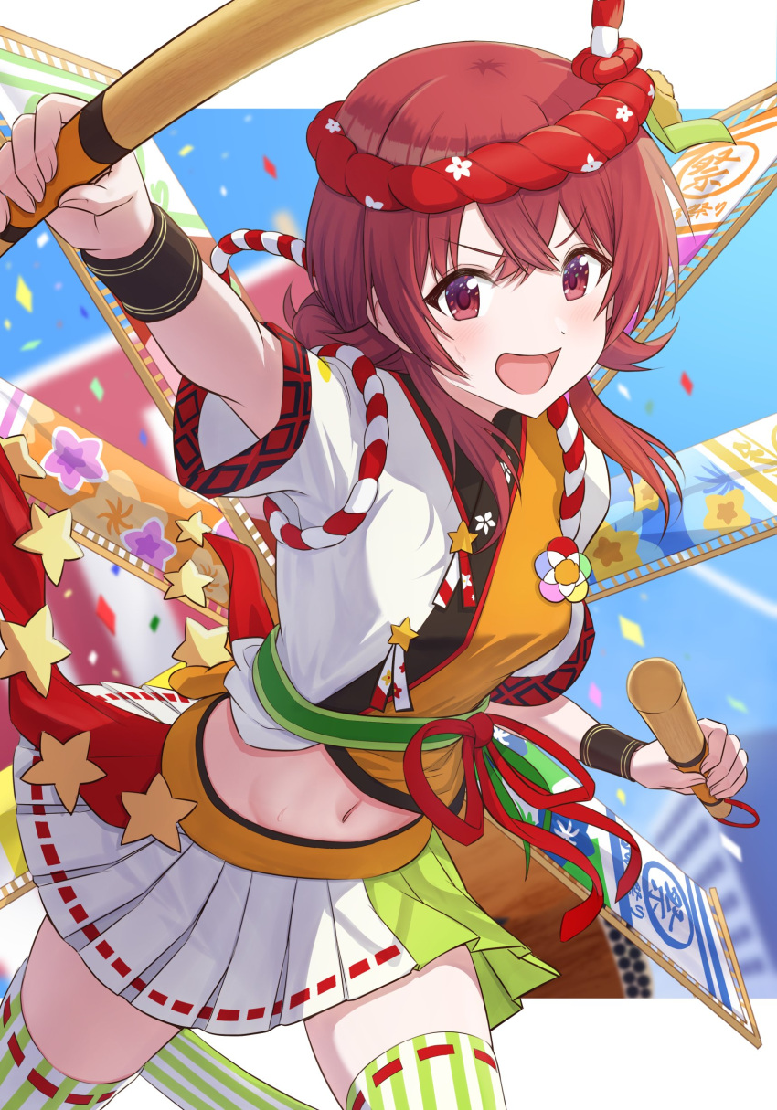 absurdres ahoge arm_up bangs banner blush breasts commentary_request confetti festival hachimaki hair_between_eyes happi headband highres idolmaster idolmaster_shiny_colors japanese_clothes komiya_kaho long_hair looking_at_viewer medium_breasts midriff multicolored_clothes navel nejiri_hachimaki open_mouth osoba_susurukun pleated_skirt red_eyes red_headband redhead short_sleeves skirt solo star_(symbol) sweat taiko_sticks thigh-highs thighs tied_hair v-shaped_eyebrows wristband