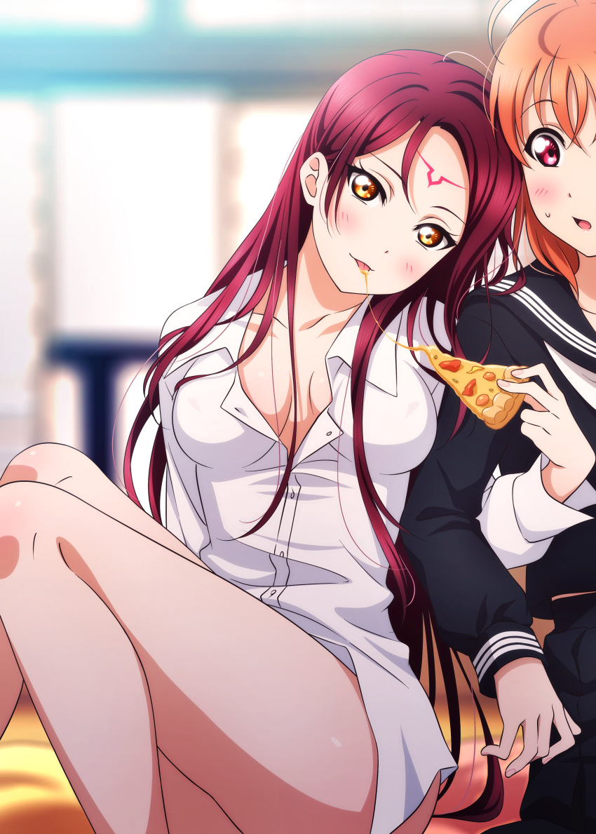 2girls absurdres ahoge bangs blush breasts breasts_apart c.c. c.c._(cosplay) code_geass collarbone commentary company_connection cosplay eating eyebrows_visible_through_hair food forehead_tattoo highres kougi_hiroshi long_hair looking_at_viewer love_live! love_live!_sunshine!! medium_breasts multiple_girls no_bra orange_hair pizza pizza_slice red_eyes redhead sakurauchi_riko short_hair sitting sunrise_(company) takami_chika tongue tongue_out yellow_eyes