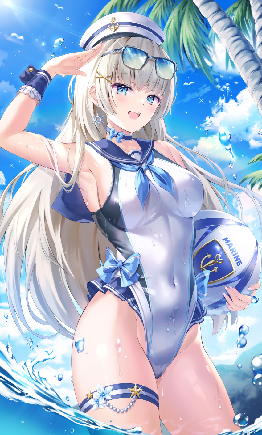 1girl :d absurdres arm_up armpits ball bare_shoulders beachball blue_choker blue_eyes bnari breasts choker covered_navel earrings eyewear_on_head hair_ornament hairclip hat highleg highleg_swimsuit highres holding jewelry large_breasts long_hair looking_at_viewer neckerchief one-piece_swimsuit open_mouth original outdoors sailor_collar sailor_hat salute smile solo standing sunglasses swimsuit thigh_strap thighs very_long_hair wading water wet white_hair white_headwear white_swimsuit wrist_cuffs x_hair_ornament