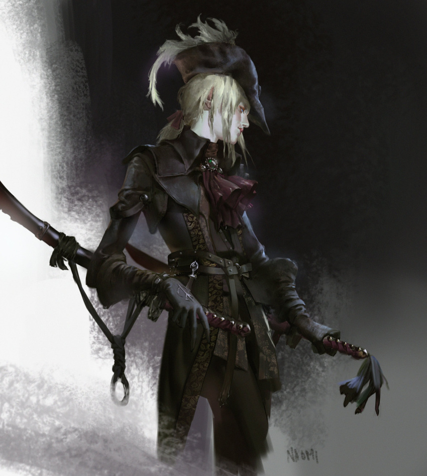 1girl absurdres belt black_coat black_gloves black_headwear blonde_hair bloodborne blue_eyes closed_mouth coat dual_wielding gem gloves half-closed_eyes highres holding holding_sword holding_weapon lady_maria_of_the_astral_clocktower long_hair naomi_baker o-ring patterned patterned_clothing pink_lips ponytail reverse_grip sheath sheathed signature solo sword tied_hair turtleneck weapon