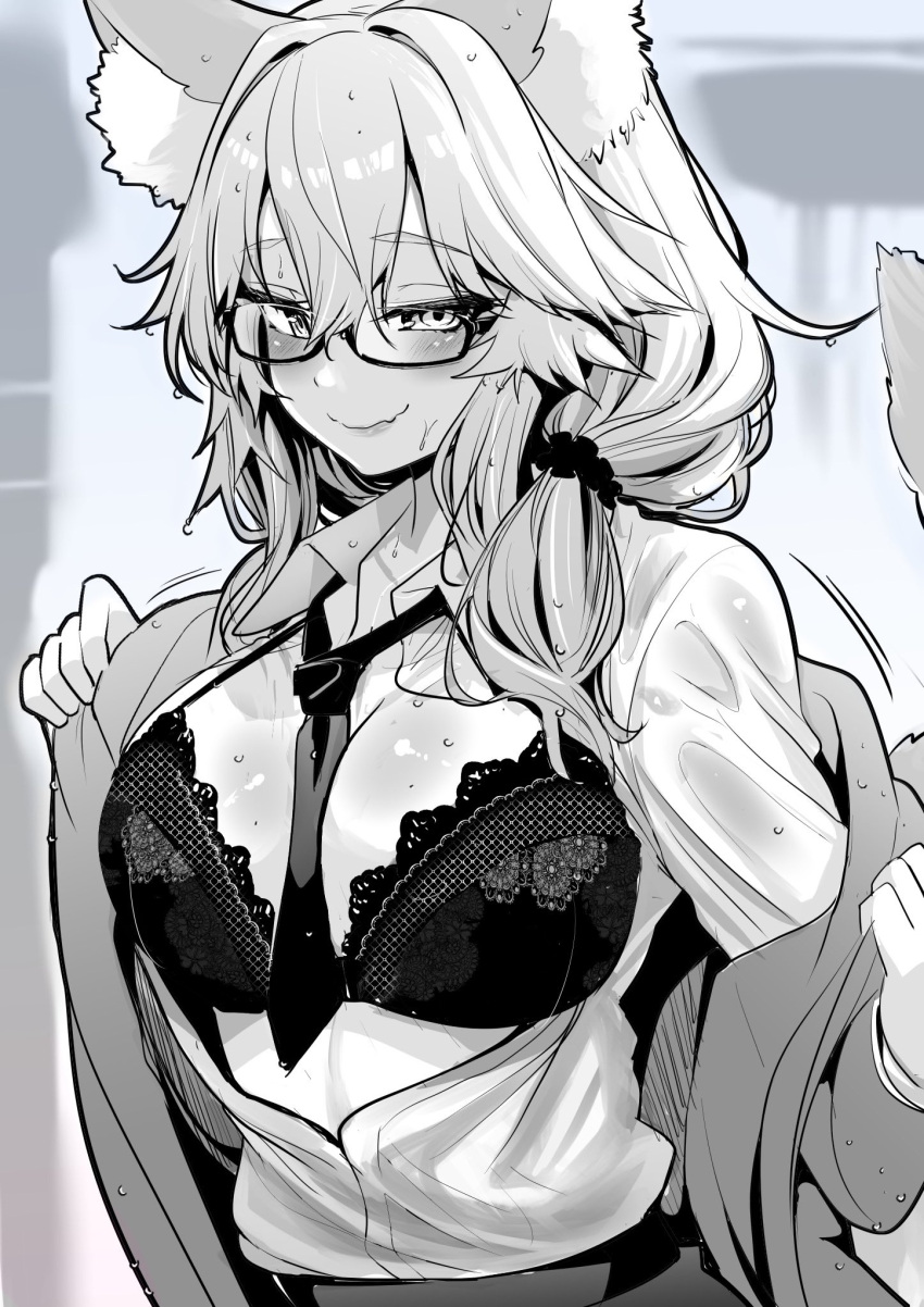 1girl animal_ear_fluff animal_ears bangs blush breasts fate/extra fate_(series) fox_ears fox_girl fox_tail greyscale hair_between_eyes highres large_breasts long_hair looking_at_viewer monochrome sidelocks smile solo tail tamamo_(fate) tamamo_no_mae_(fate/extra) wisespeak