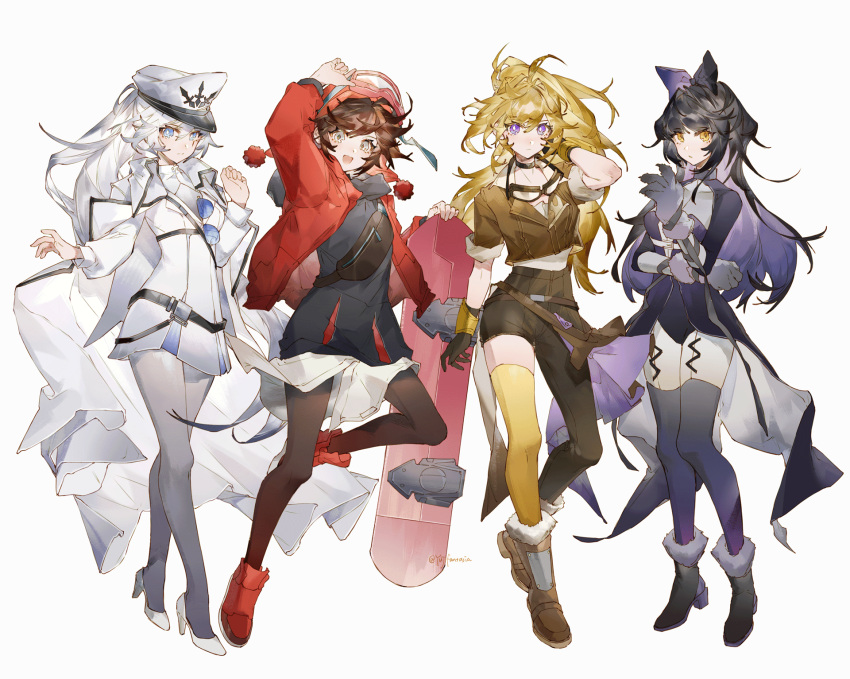 4girls black_dress black_hair blake_belladonna blonde_hair blue_eyes brown_hair coat dress gloves goggles goggles_around_neck goggles_on_headwear grey_eyes hair_ornament hat highres long_hair multiple_girls ponytail ruby_rose rwby short_hair silver_hair violet_eyes weiss_schnee white_dress yang_xiao_long yellow_eyes yuji_(fantasia)