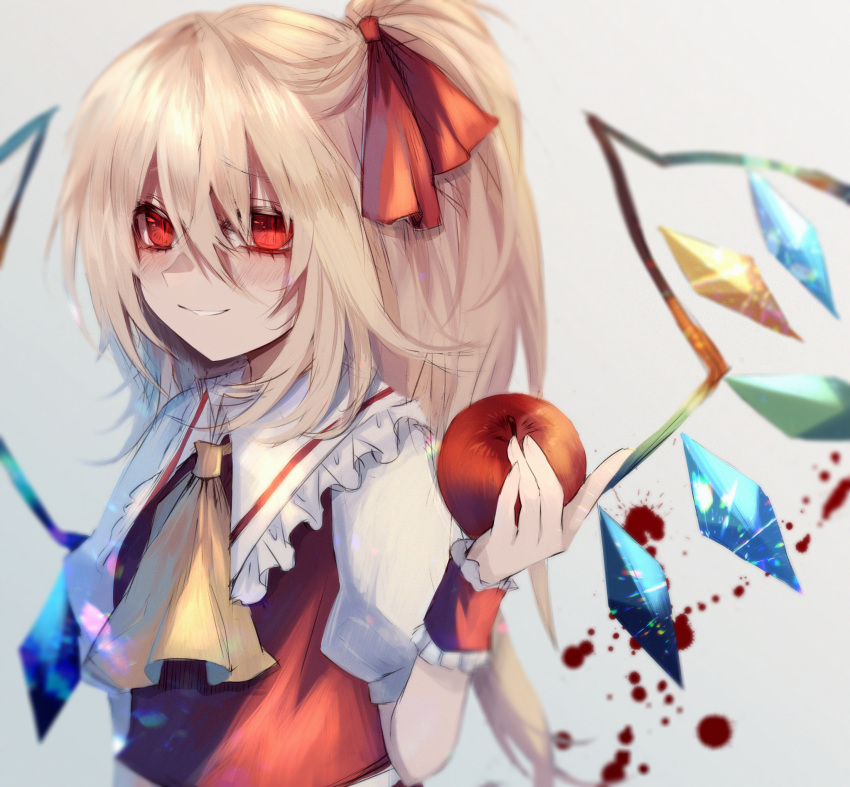 1girl absurdres apple ascot bangs blonde_hair blood blurry crystal depth_of_field flandre_scarlet food fruit gradient gradient_background grey_background hair_between_eyes hair_ribbon highres holding looking_at_viewer maho_moco no_hat no_headwear puffy_short_sleeves puffy_sleeves red_eyes red_ribbon red_vest ribbon shirt short_sleeves smile solo touhou upper_body vest wings wrist_cuffs