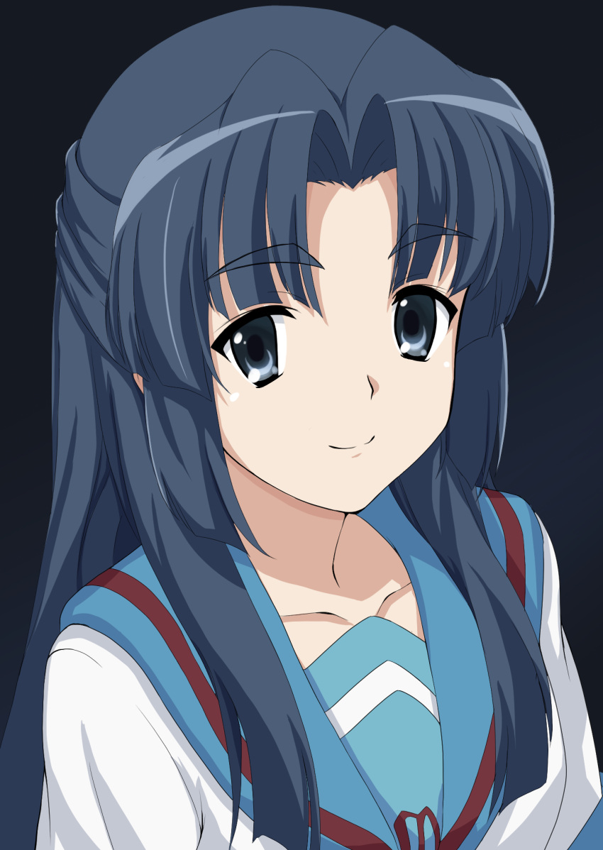 1girl anime_coloring asakura_ryouko bangs blue_eyes blue_hair blue_sailor_collar collarbone dark_background flatfield highres kita_high_school_uniform looking_at_viewer sailor_collar school_uniform serafuku smile solo suzumiya_haruhi_no_yuuutsu