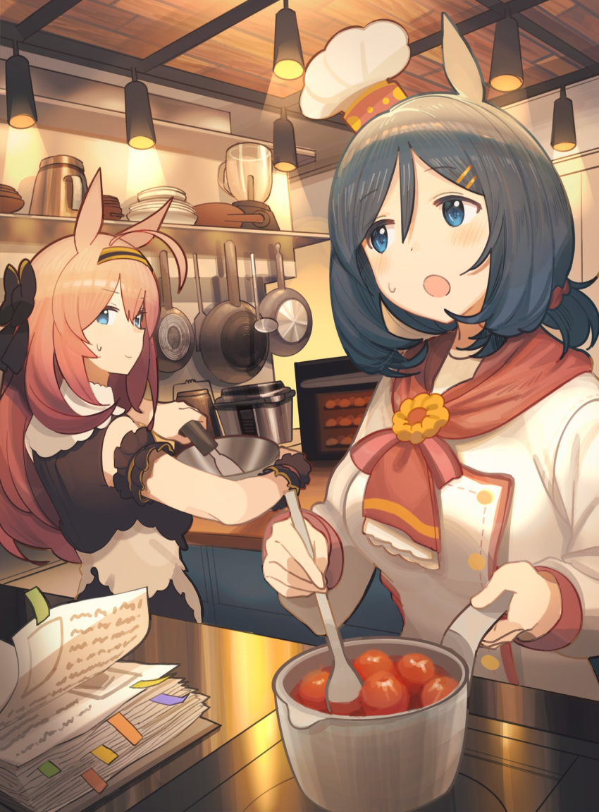 2girls ahoge animal_ears ashinowoto bangs black_hair blue_eyes blush book brown_hair ceiling_light chef_hat chef_uniform closed_mouth commentary_request cooking crown_patisserie_(umamusume) dress eishin_flash_(collect_chocolatier)_(umamusume) eishin_flash_(umamusume) frying_pan hair_ornament hairclip hat highres horse_ears indoors jacket kitchen ladle long_hair looking_at_another medium_hair mihono_bourbon_(code:glassage)_(umamusume) mihono_bourbon_(umamusume) mixer_(cooking) multiple_girls open_book open_mouth plant plate potted_plant sleeveless sleeveless_dress smile stove sweatdrop umamusume upper_body white_jacket wrist_cuffs