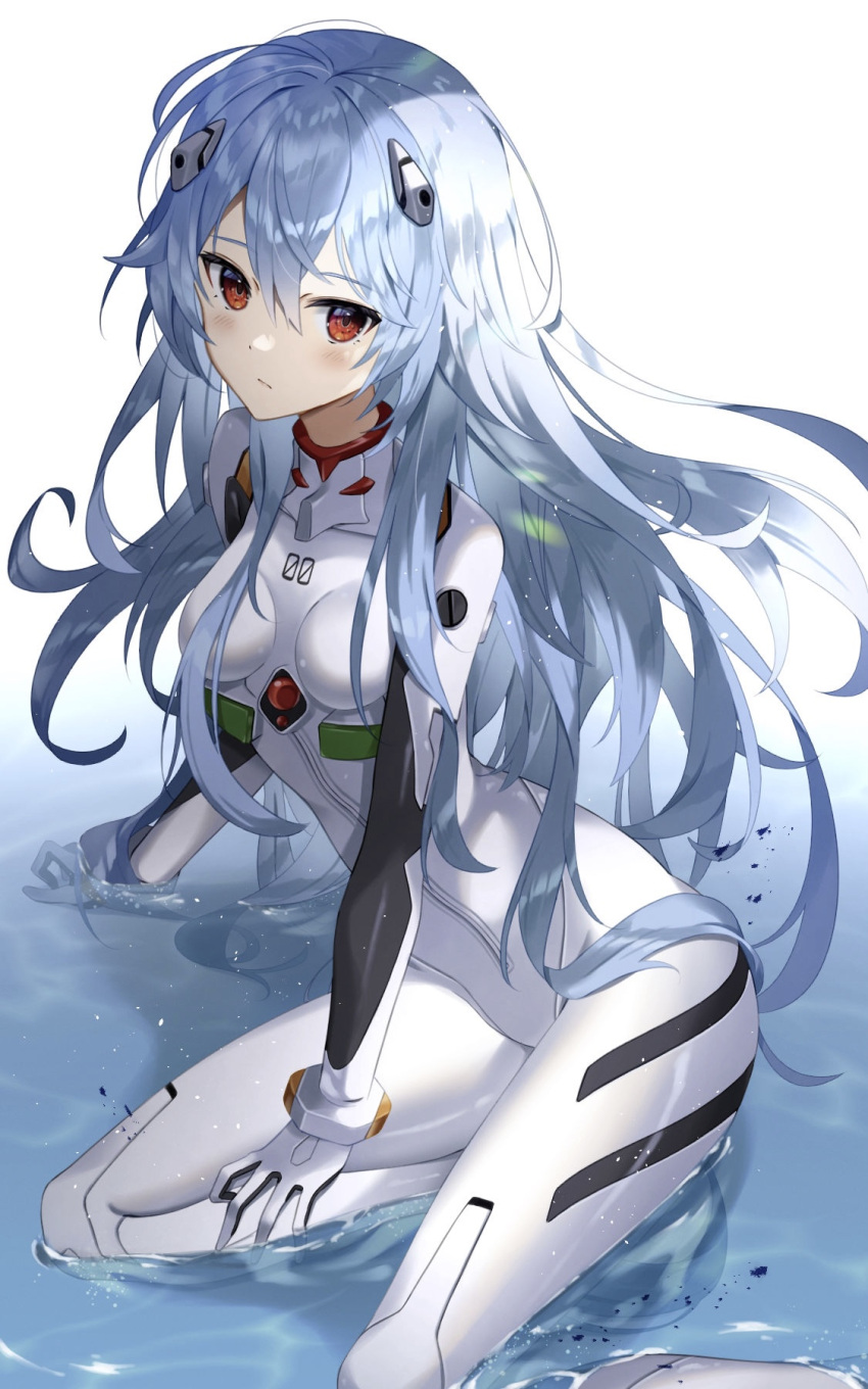 1girl @shun arm_support ayanami_rei bangs blue_hair bodysuit breasts commentary_request evangelion:_3.0+1.0_thrice_upon_a_time gloves hair_ornament highres interface_headset long_hair long_sleeves looking_at_viewer neon_genesis_evangelion partially_submerged plugsuit rebuild_of_evangelion red_eyes reflection shadow shiny shiny_clothes shiny_hair simple_background sitting skin_tight small_breasts solo water white_background white_bodysuit