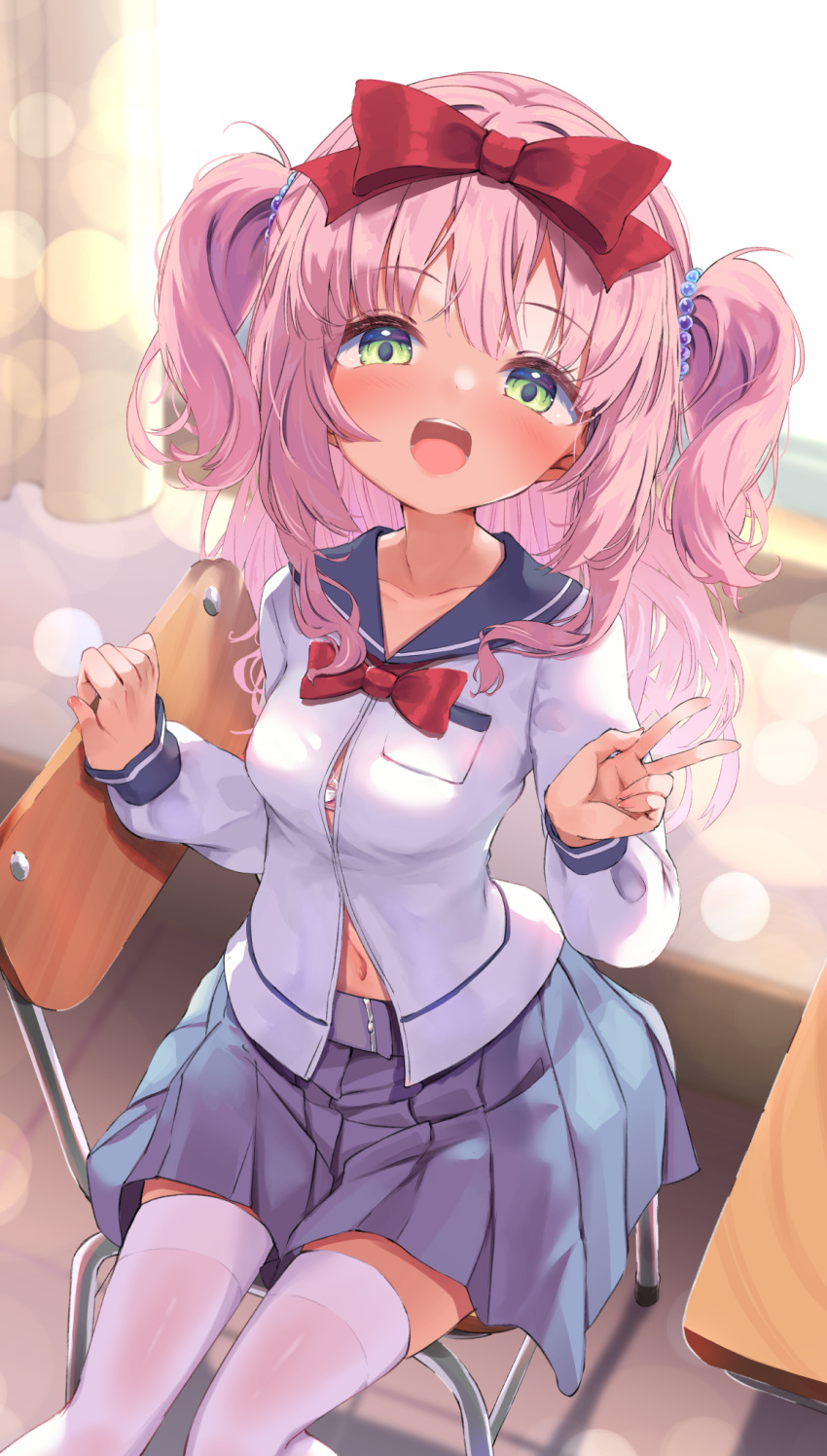 1girl blue_skirt bow bra bra_peek breasts chair classroom desk green_eyes hair_bow highres indoors long_hair looking_at_viewer looking_up navel nyahu_(nyahu_77) open_clothes open_mouth open_shirt original pink_hair ribbon school_uniform shirt sitting skirt small_breasts smile solo thigh-highs thighs two_side_up underwear v white_legwear white_shirt